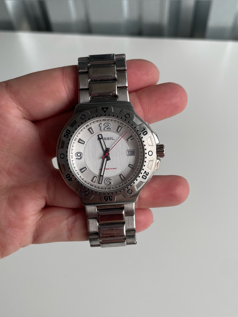 Vintage Fossil Blue Dive Watch Stainless Steel Date Quartz Wristwatch 100M